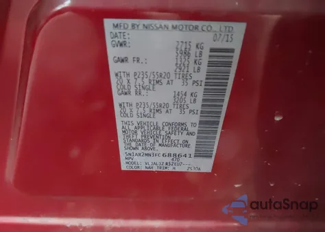 2015 Nissan Pathfinder Platinum z USA, uszkodzony, nr VIN 5N1AR2MN3FC688641